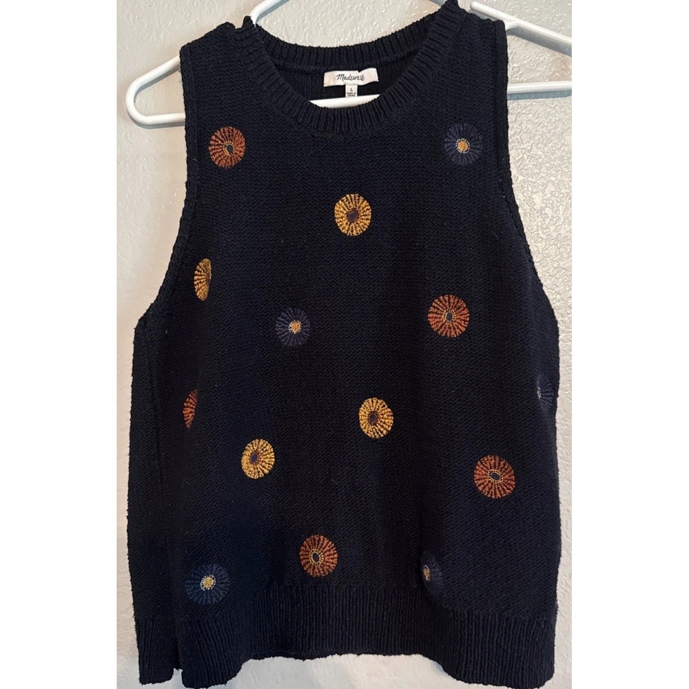 Madewell Embroidered Sweater Tank Vest Top Navy Blue Floral Sunburst Size L